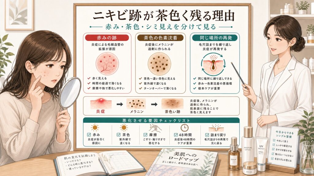 ニキビ跡が茶色く残る理由を赤み・色素沈着・再発で分ける美容メディア風イラスト