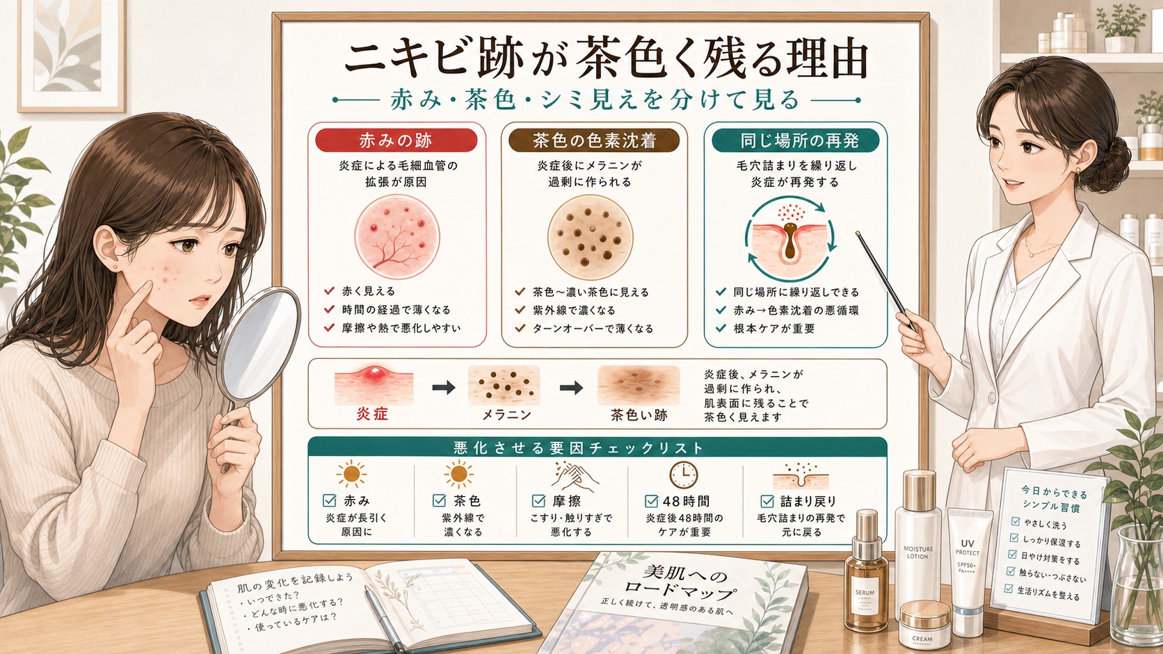 ニキビ跡が茶色く残る理由を赤み・色素沈着・再発で分ける美容メディア風イラスト