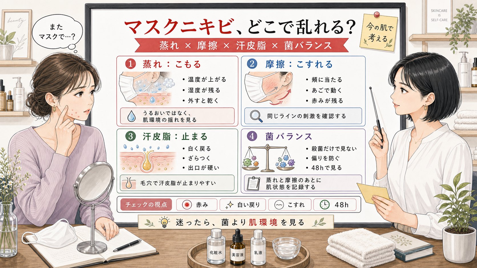 マスクニキビを蒸れ・摩擦・汗皮脂・菌バランスで比較する1433基準の美容メディア挿絵アイキャッチ