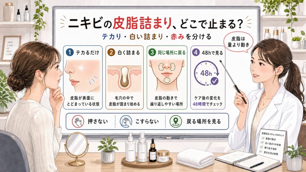 ニキビの皮脂詰まりをテカり・白い詰まり・戻る場所で48時間見る1433基準の美容メディア挿絵アイキャッチ
