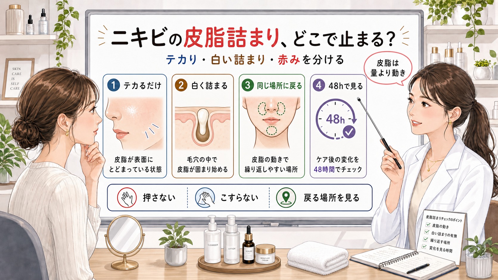 ニキビの皮脂詰まりをテカり・白い詰まり・戻る場所で48時間見る1433基準の美容メディア挿絵アイキャッチ