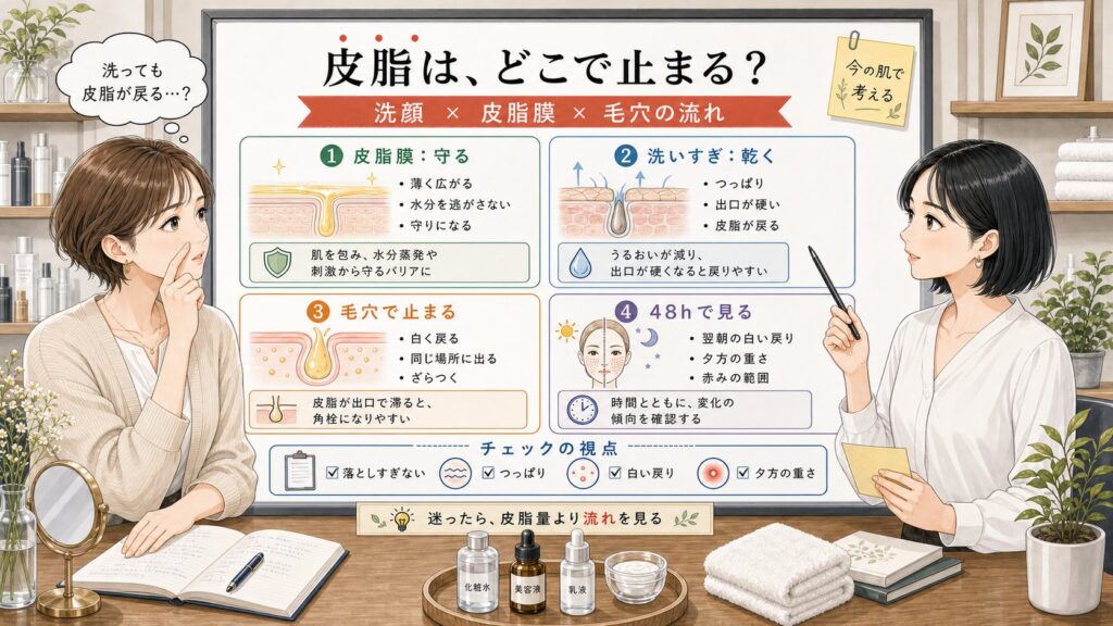 洗顔後の皮脂が皮脂膜として広がるか毛穴で止まるかを比較する1433基準の美容メディア挿絵アイキャッチ