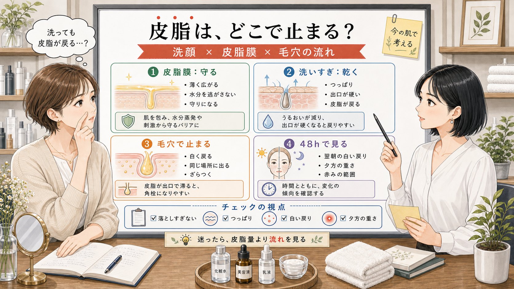 洗顔後の皮脂が皮脂膜として広がるか毛穴で止まるかを比較する1433基準の美容メディア挿絵アイキャッチ