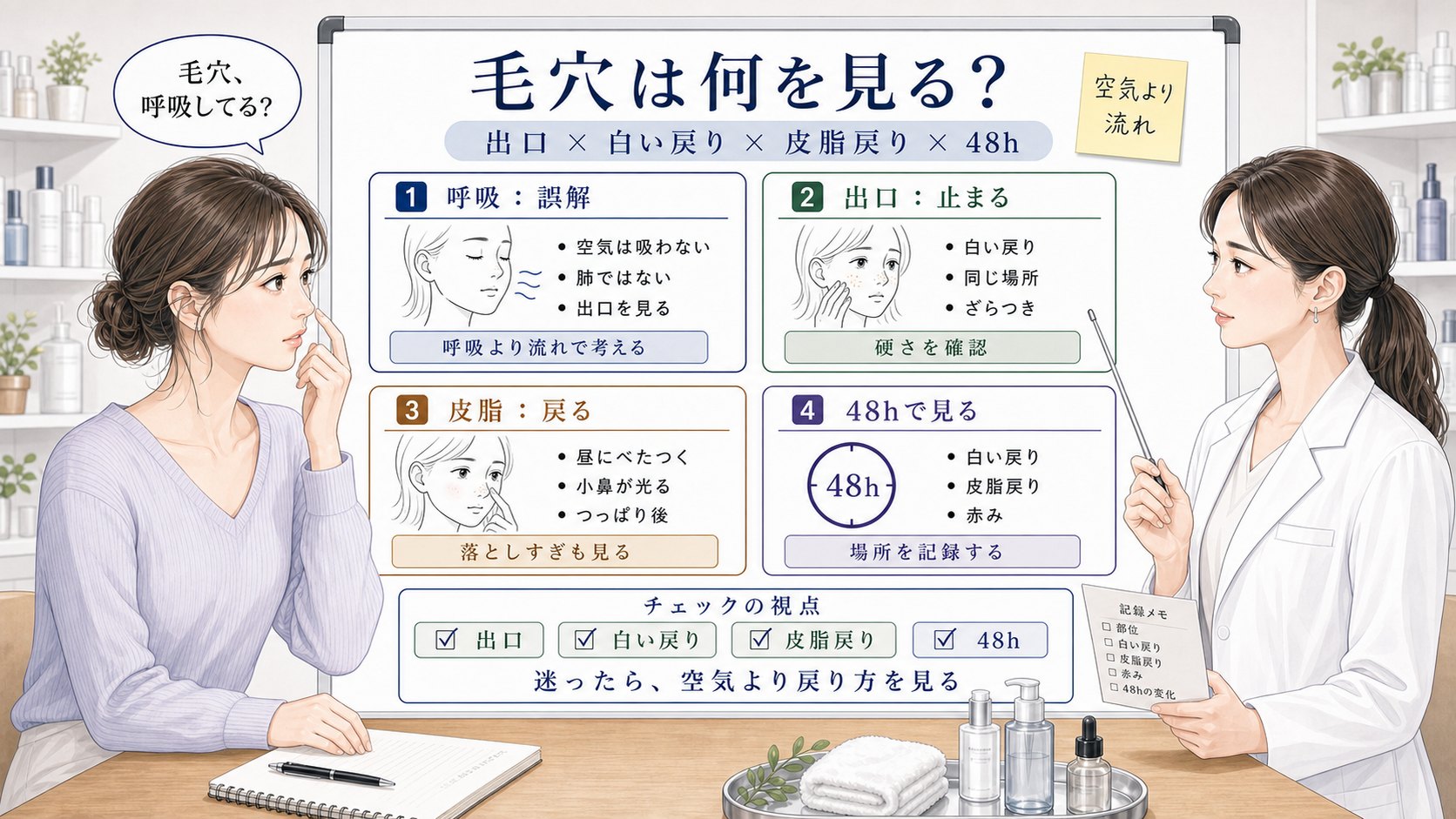 毛穴呼吸の誤解を出口・白い戻り・皮脂戻り・48時間観察で比較する1433基準の美容メディア挿絵アイキャッチ