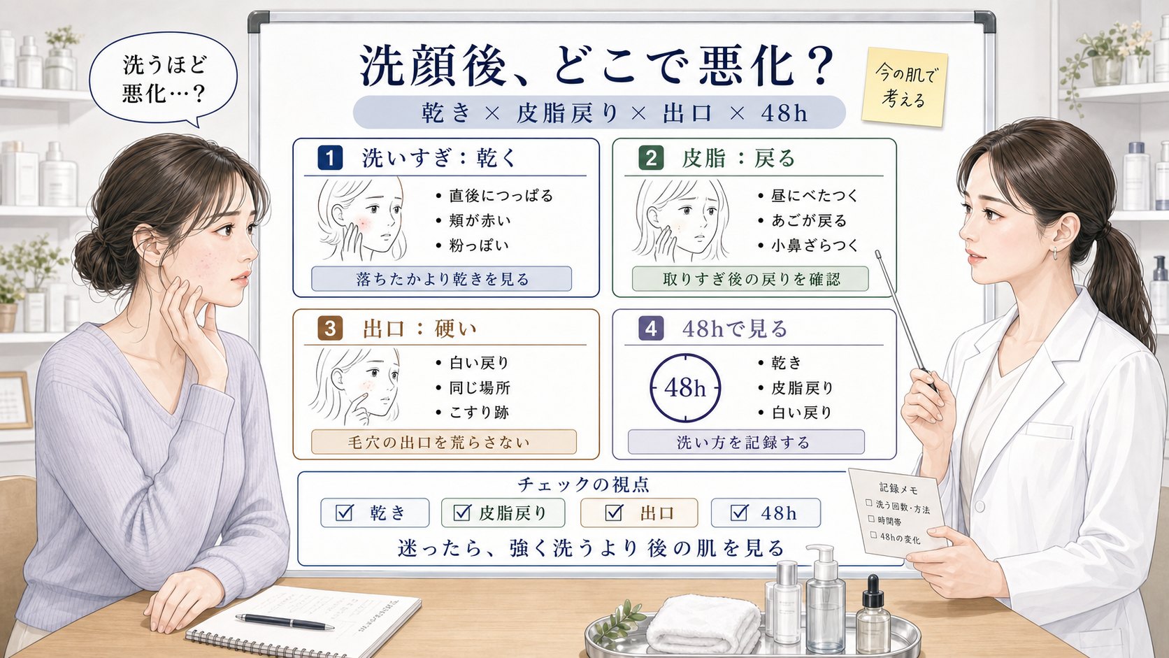 洗顔でニキビが悪化する理由を乾き・皮脂戻り・毛穴出口・48時間観察で比較する1433基準の美容メディア挿絵アイキャッチ