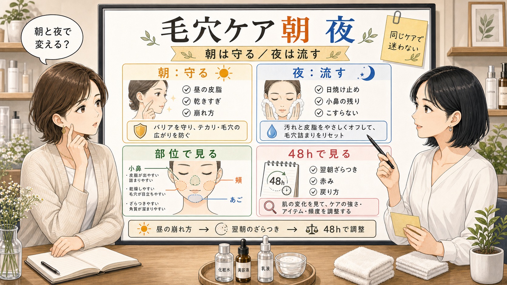 朝と夜の毛穴ケアを48時間で見分ける判断ボード
