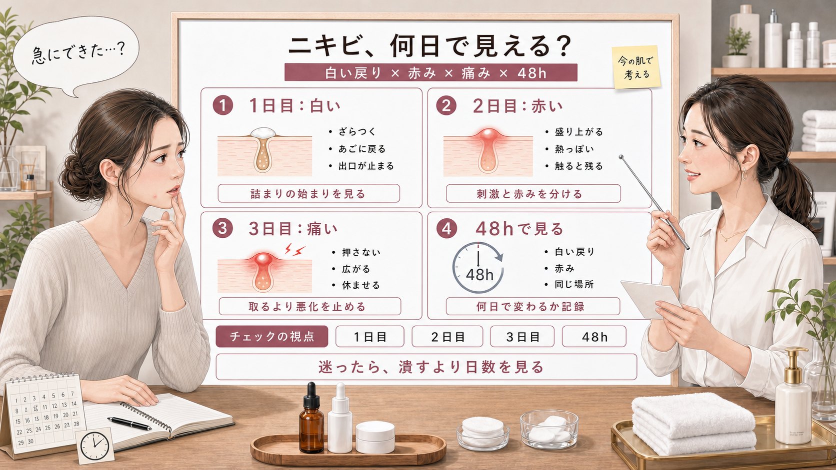 ニキビが何日で見えるかを1日目・2日目・3日目・48時間観察で比較する1433基準の美容メディア挿絵アイキャッチ