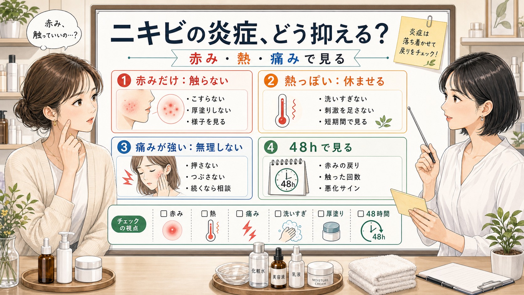 ニキビの炎症を赤み・熱・痛みで分けて見る1433基準の美容メディア挿絵アイキャッチ