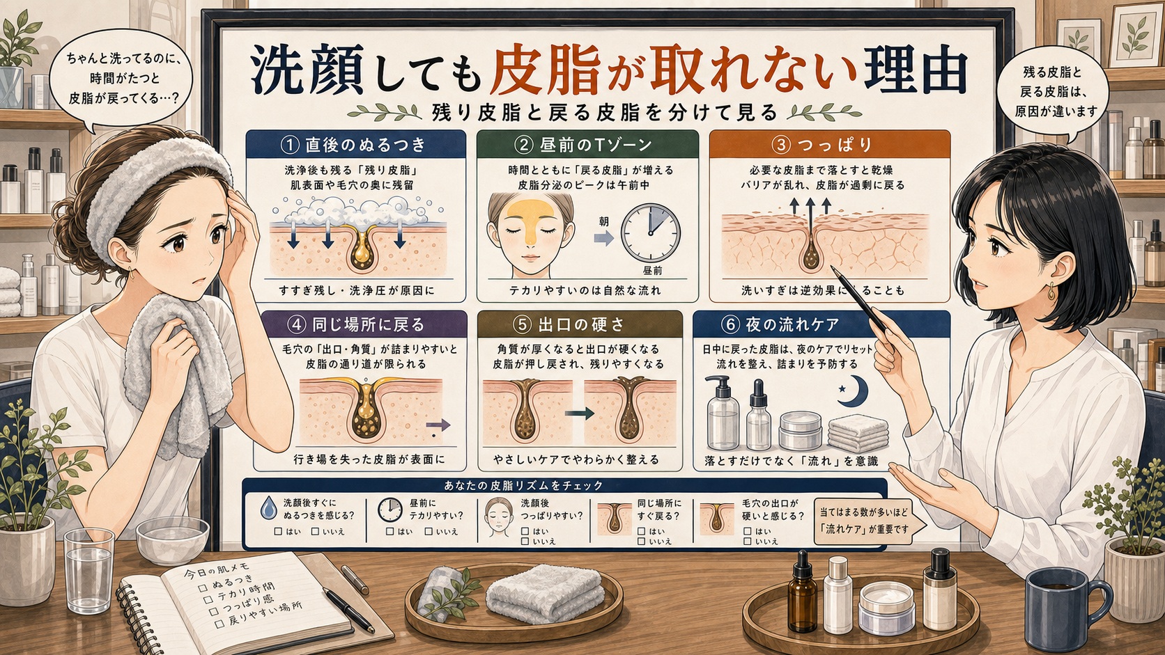 洗顔後に残る皮脂と戻る皮脂を分け、Tゾーンや出口の硬さを整理する美容相談ボード