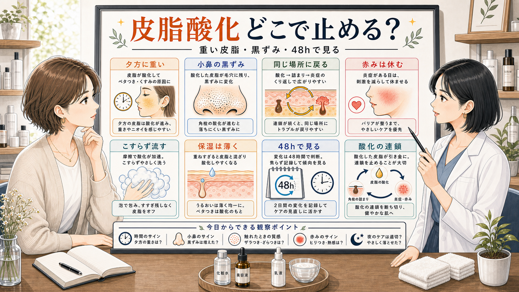 皮脂酸化の連鎖反応と黒ずみ前の48時間サイン判断マップ
