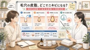 毛穴の皮脂が流れる状態・出口で止まる状態・内側の圧を比較する1433基準の美容メディア挿絵アイキャッチ