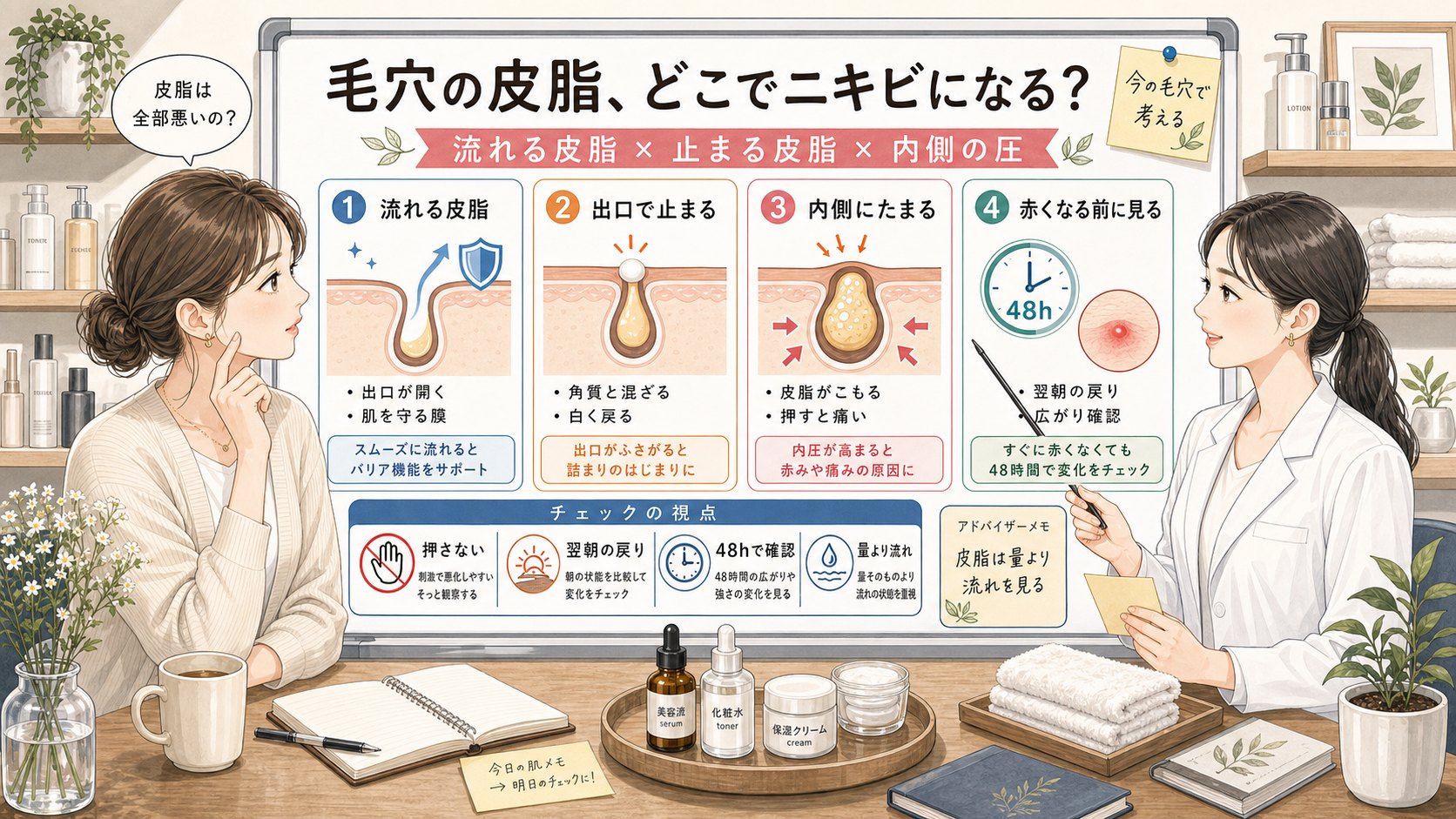 毛穴の皮脂が流れる状態・出口で止まる状態・内側の圧を比較する1433基準の美容メディア挿絵アイキャッチ