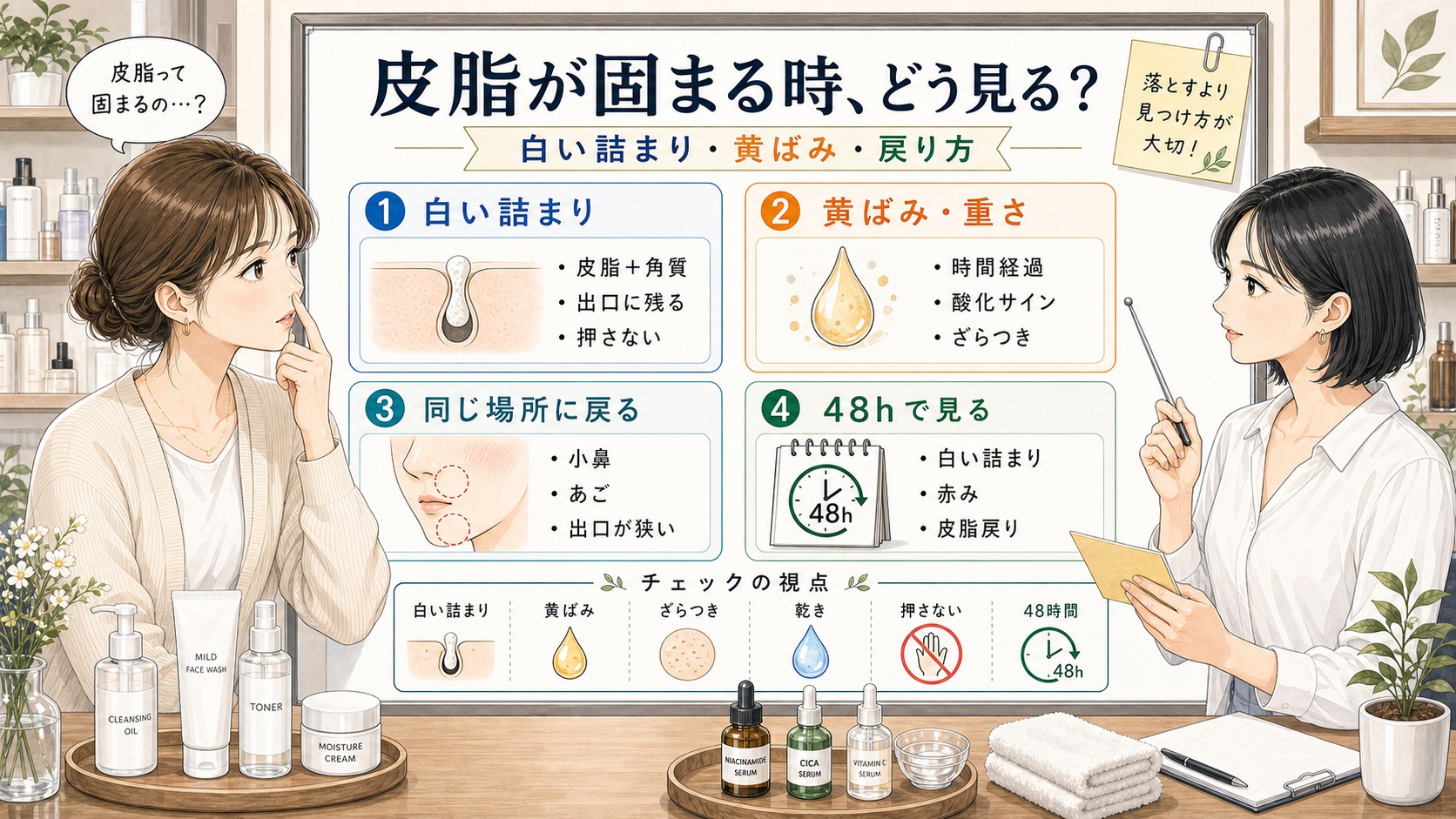 皮脂が固まるように見える毛穴を白い詰まり・黄ばみ・戻り方で見る1433基準の美容メディア挿絵アイキャッチ