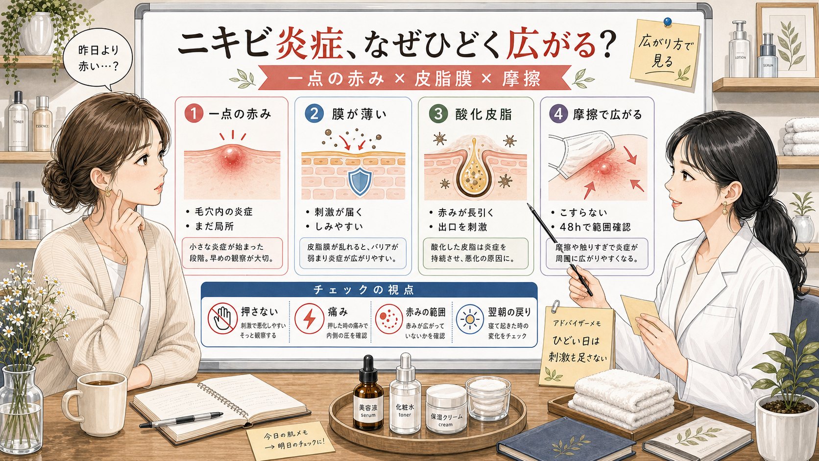 ニキビ炎症がひどく広がる理由を一点の赤み・皮脂膜・酸化皮脂・摩擦で比較する1433基準の美容メディア挿絵アイキャッチ