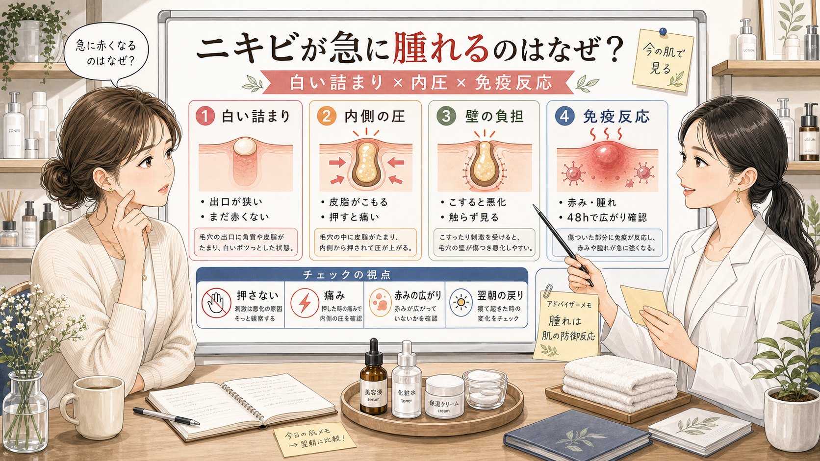ニキビが急に腫れる理由を白い詰まり・内圧・壁の負担・免疫反応で比較する1433基準の美容メディア挿絵アイキャッチ