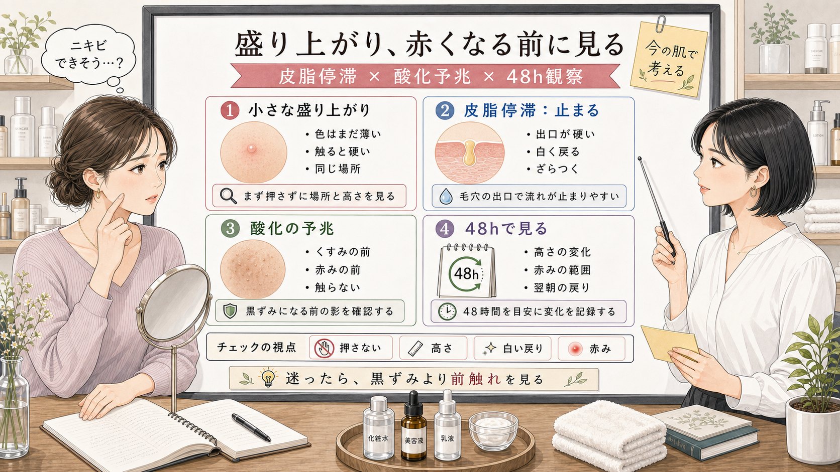 ニキビができそうな小さな盛り上がりを皮脂停滞・酸化予兆・48時間観察で比較する1433基準の美容メディア挿絵アイキャッチ