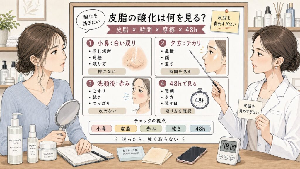 皮脂の酸化を防ぐために小鼻の白い戻り・夕方のテカリ・洗顔後の赤み・48時間観察を比較する1433基準の美容メディア挿絵アイキャッチ