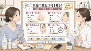 皮脂の酸化を防ぐために小鼻の白い戻り・夕方のテカリ・洗顔後の赤み・48時間観察を比較する1433基準の美容メディア挿絵アイキャッチ