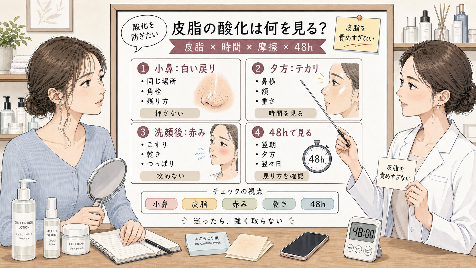 皮脂の酸化を防ぐために小鼻の白い戻り・夕方のテカリ・洗顔後の赤み・48時間観察を比較する1433基準の美容メディア挿絵アイキャッチ