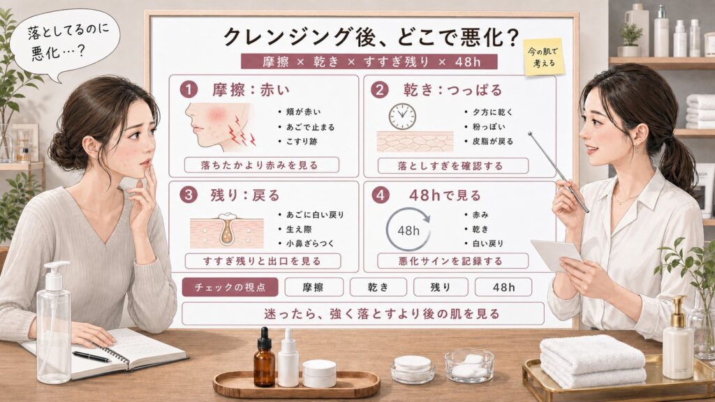 クレンジングでニキビが悪化する理由を摩擦・乾き・すすぎ残り・48時間観察で比較する1433基準の美容メディア挿絵アイキャッチ