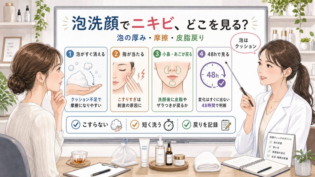 泡洗顔でニキビが気になる時に泡の厚み・摩擦・皮脂戻りを48時間で見る1433基準の美容メディア挿絵アイキャッチ
