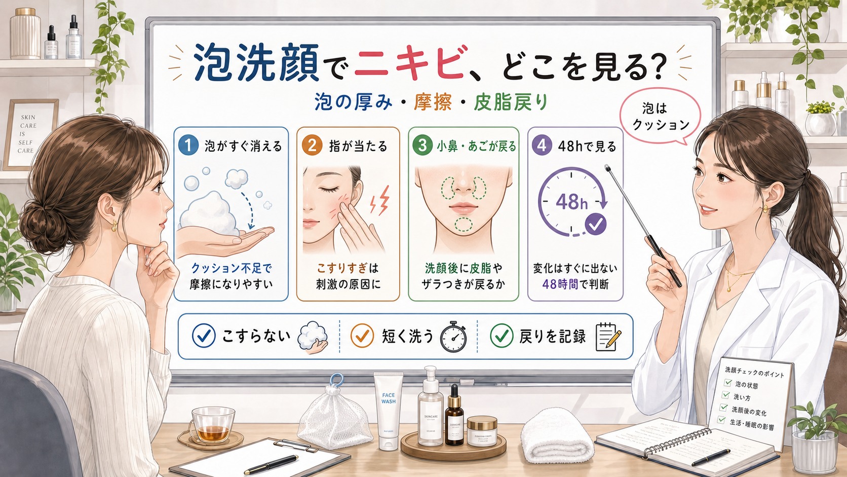 泡洗顔でニキビが気になる時に泡の厚み・摩擦・皮脂戻りを48時間で見る1433基準の美容メディア挿絵アイキャッチ