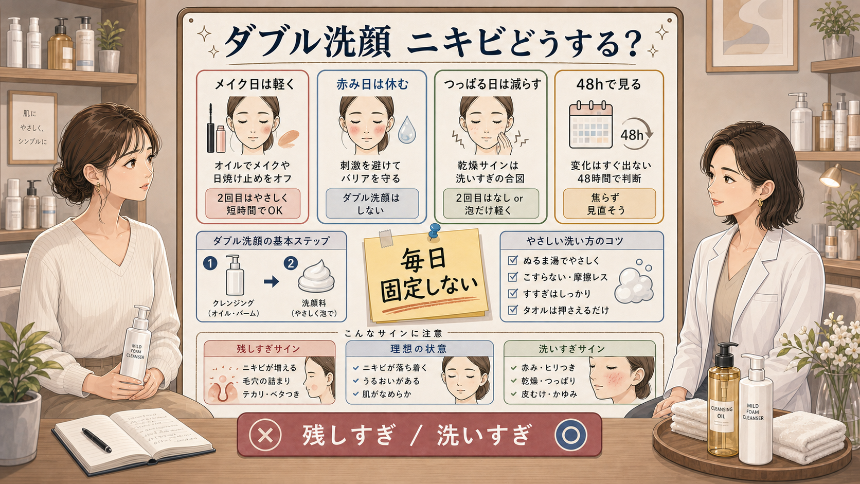ダブル洗顔とニキビの判断を整理した洗顔マップ