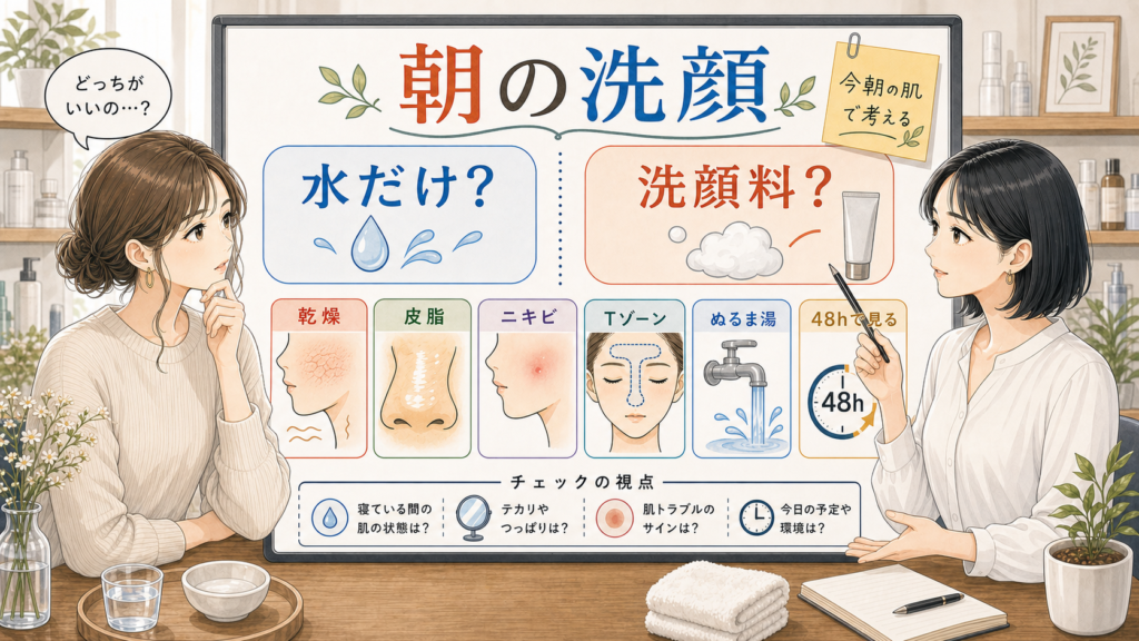 朝の洗顔を水だけか洗顔料か乾燥、皮脂、ニキビで分ける相談ボードのアイキャッチ