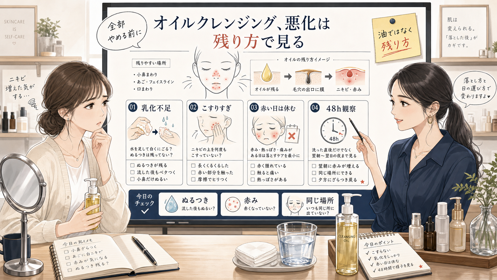 オイルクレンジングでニキビが悪化するかを乳化不足・こすりすぎ・赤み・48時間観察で分ける美容相談ボード