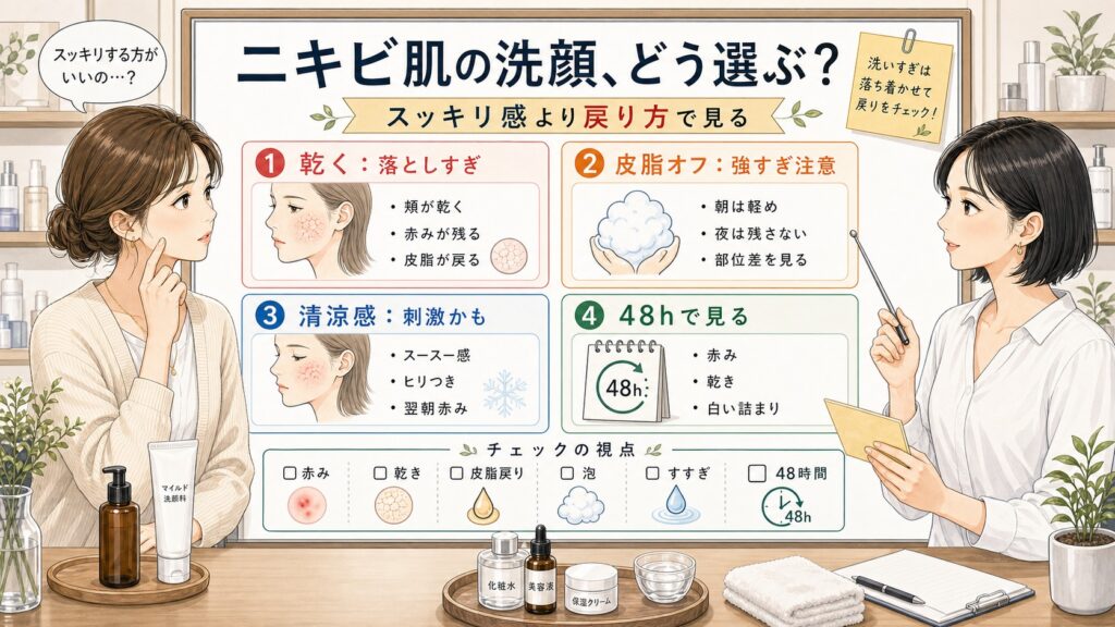 ニキビ肌の洗顔をスッキリ感ではなく赤み・乾き・皮脂戻りで見る1433基準の美容メディア挿絵アイキャッチ