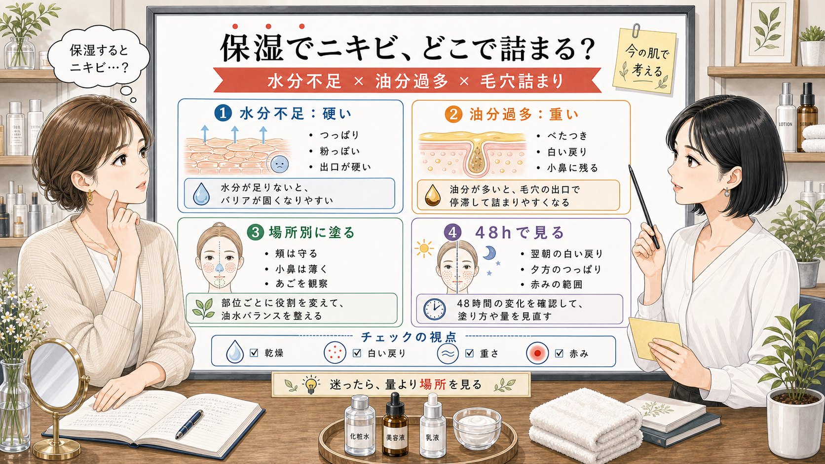 保湿後のニキビを水分不足・油分過多・場所別の塗り方・48時間観察で比較する1433基準の美容メディア挿絵アイキャッチ