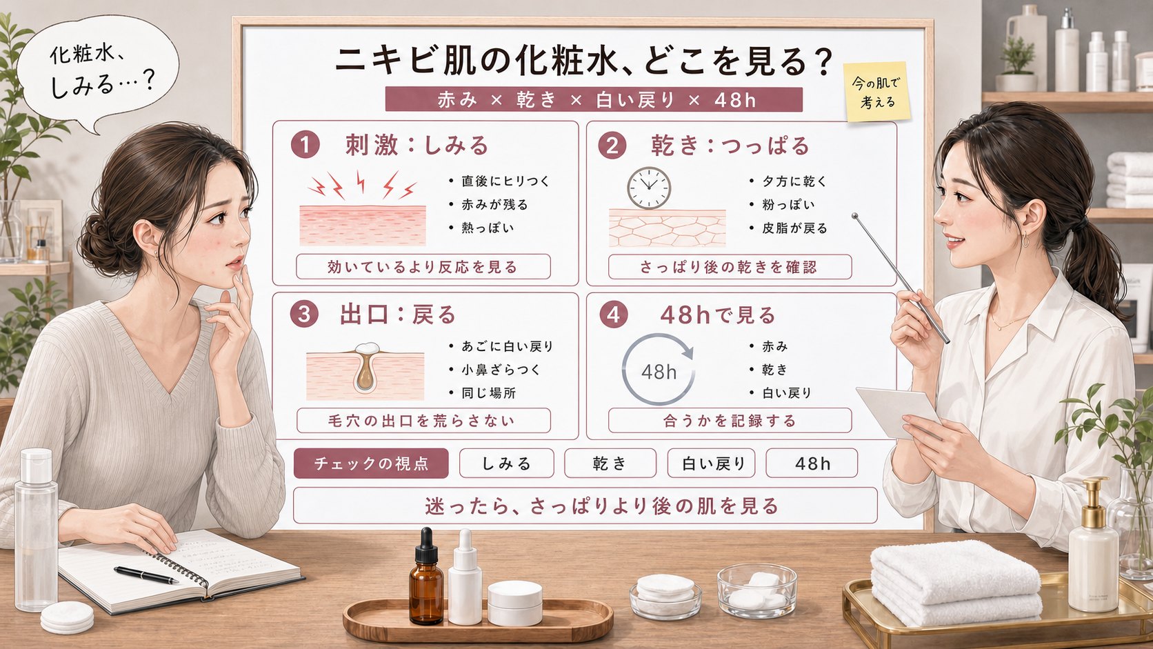 ニキビ肌に合う化粧水を赤み・乾き・白い戻り・48時間観察で比較する1433基準の美容メディア挿絵アイキャッチ