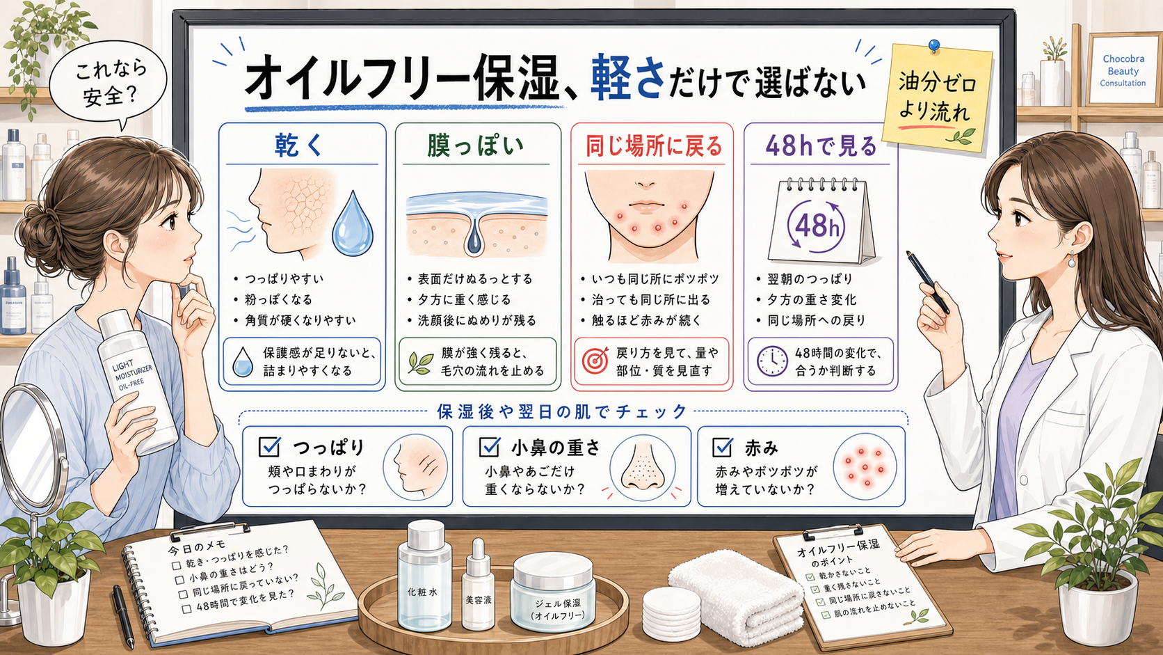 オイルフリー保湿を乾き・膜感・同じ場所への戻り・48時間観察で分ける美容相談ボード