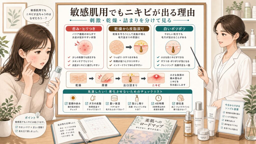 敏感肌用コスメでもニキビが出る理由を刺激・乾燥・詰まりで分ける美容メディア風イラスト