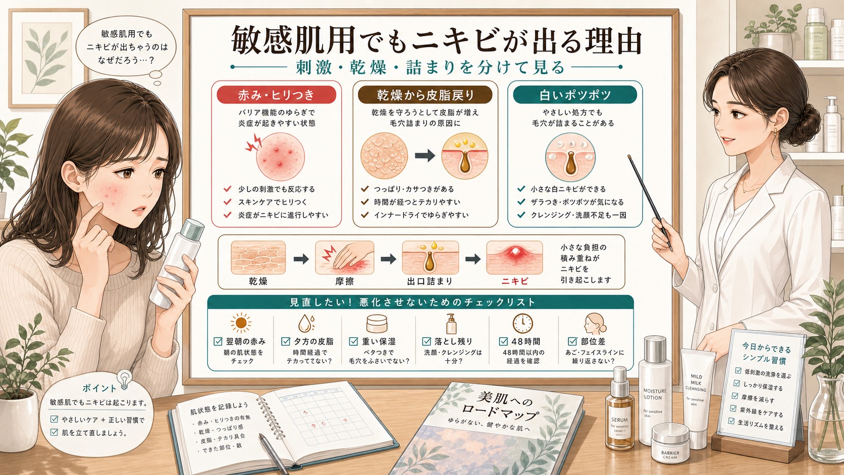 敏感肌用コスメでもニキビが出る理由を刺激・乾燥・詰まりで分ける美容メディア風イラスト