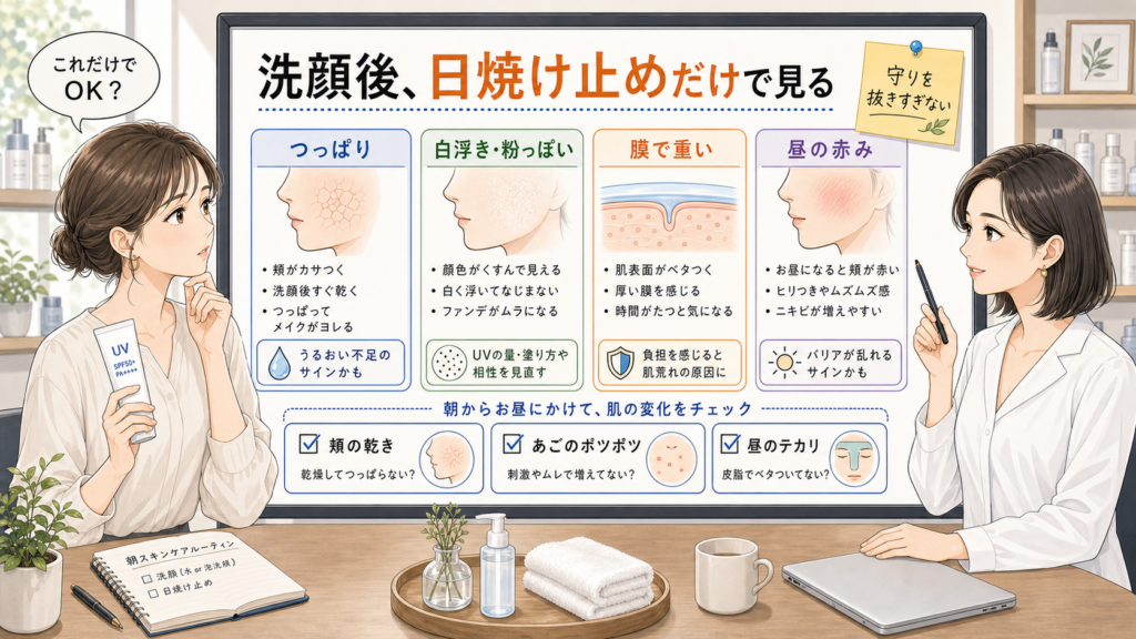 洗顔後に日焼け止めだけで済ませる朝をつっぱり・白浮き・膜感・昼の赤みで分ける美容相談ボード