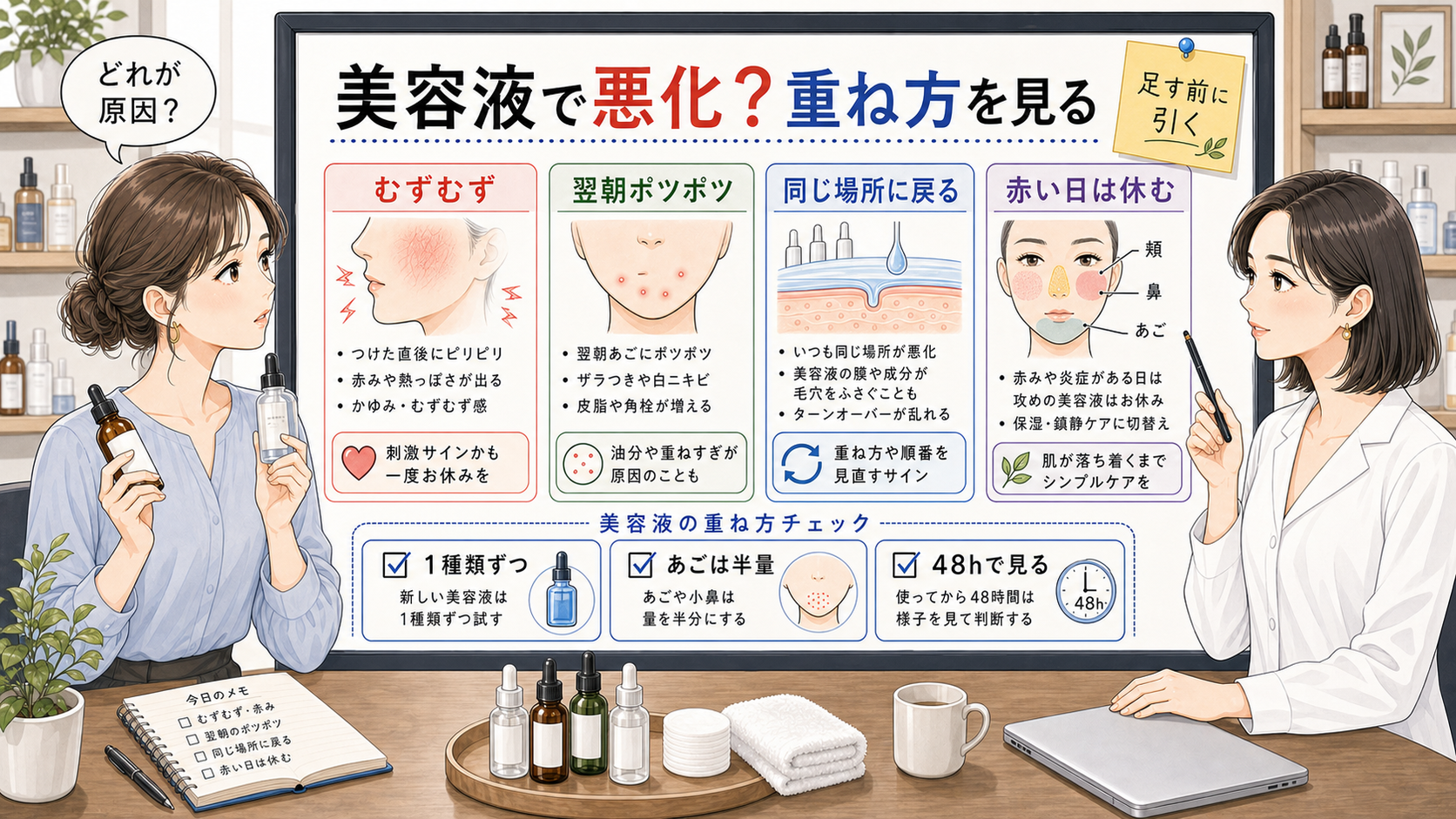 美容液でニキビが悪化したように見える時のむずむず・翌朝ポツポツ・同じ場所の戻りを分ける美容相談ボード