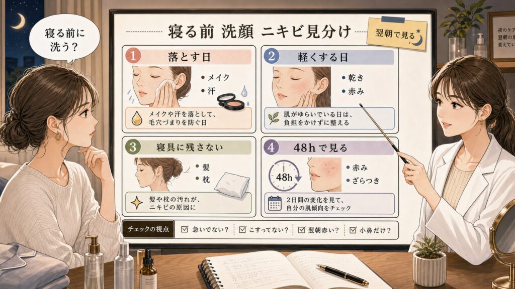 寝る前の洗顔とニキビの関係を48時間で見る判断マップ