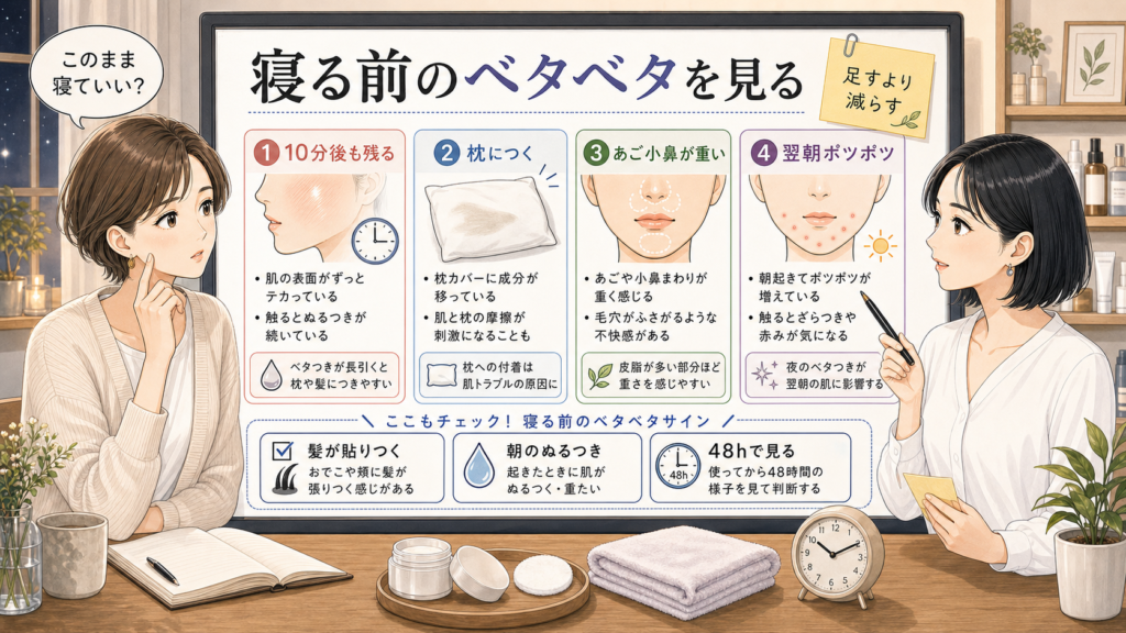 スキンケア後にベタベタしたまま寝る前の残り膜・枕移り・あご小鼻の重さ・翌朝ポツポツを分ける美容相談ボード