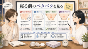 スキンケア後にベタベタしたまま寝る前の残り膜・枕移り・あご小鼻の重さ・翌朝ポツポツを分ける美容相談ボード