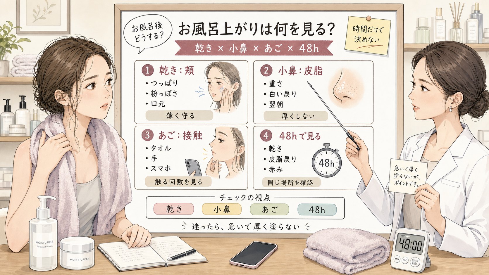 お風呂上がりのスキンケアとニキビを頬の乾き・小鼻の皮脂戻り・あごの接触・48時間観察で比較する1433基準の美容メディア挿絵アイキャッチ