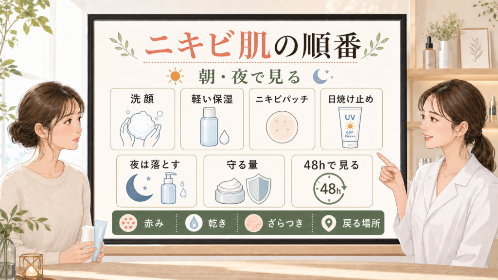 ニキビ肌のスキンケア順番と朝夜の見方