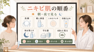 ニキビ肌のスキンケア順番と朝夜の見方