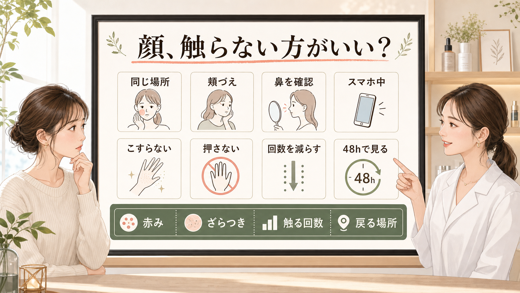 顔を触らない方がいい日に赤みと触る回数を見る判断マップ