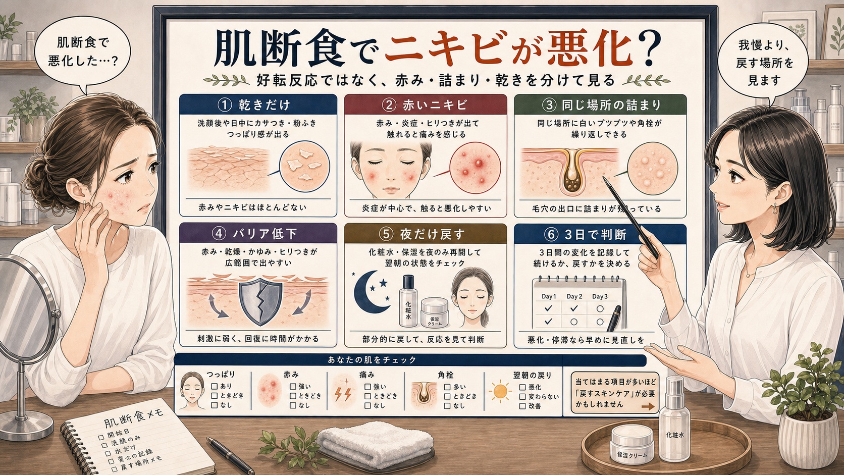 肌断食で悪化したニキビを乾き、赤み、詰まり、バリア低下に分けて判断する美容相談ボード