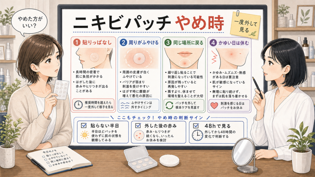 ニキビパッチをやめたほうがいいか、貼りっぱなし・周りのふやけ・同じ場所への戻り・かゆい日の休ませ方で分ける美容相談ボード