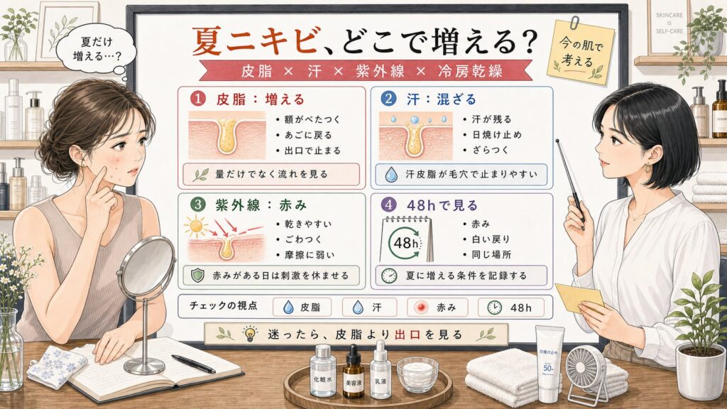夏ニキビが増える理由を皮脂・汗・紫外線・冷房乾燥と48時間観察で比較する1433基準の美容メディア挿絵アイキャッチ