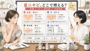 夏ニキビが増える理由を皮脂・汗・紫外線・冷房乾燥と48時間観察で比較する1433基準の美容メディア挿絵アイキャッチ