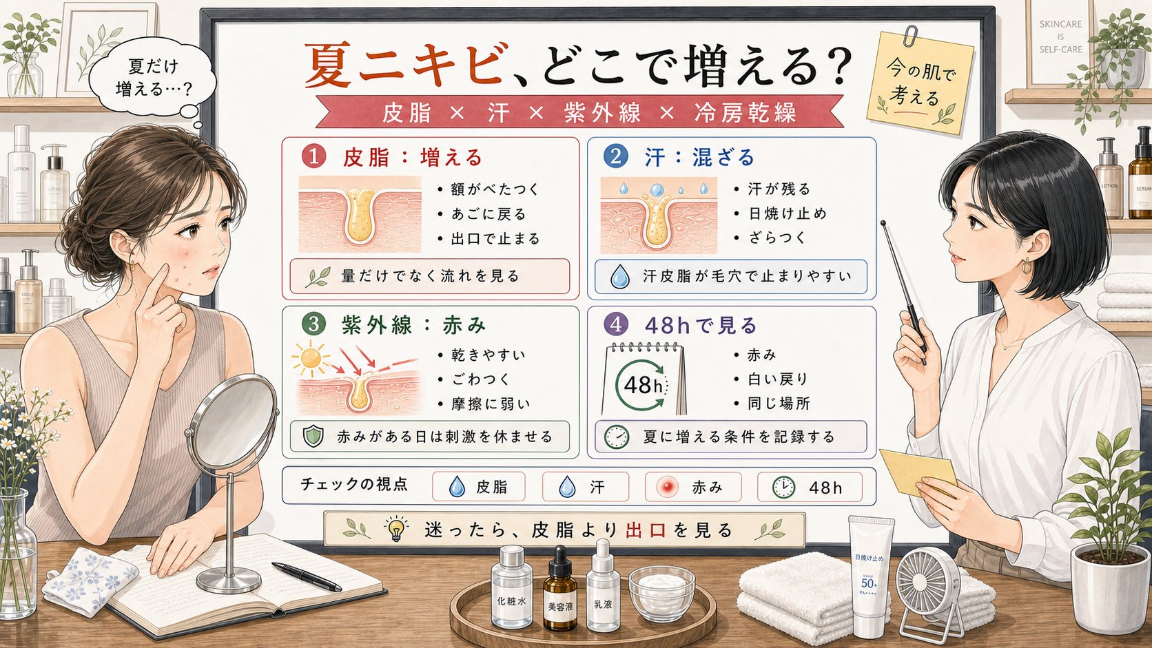 夏ニキビが増える理由を皮脂・汗・紫外線・冷房乾燥と48時間観察で比較する1433基準の美容メディア挿絵アイキャッチ