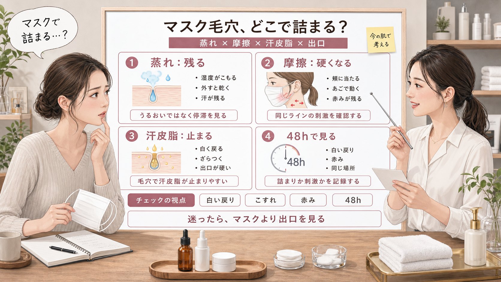 マスクで毛穴が詰まる仕組みを蒸れ・摩擦・汗皮脂・48時間観察で比較する1433基準の美容メディア挿絵アイキャッチ